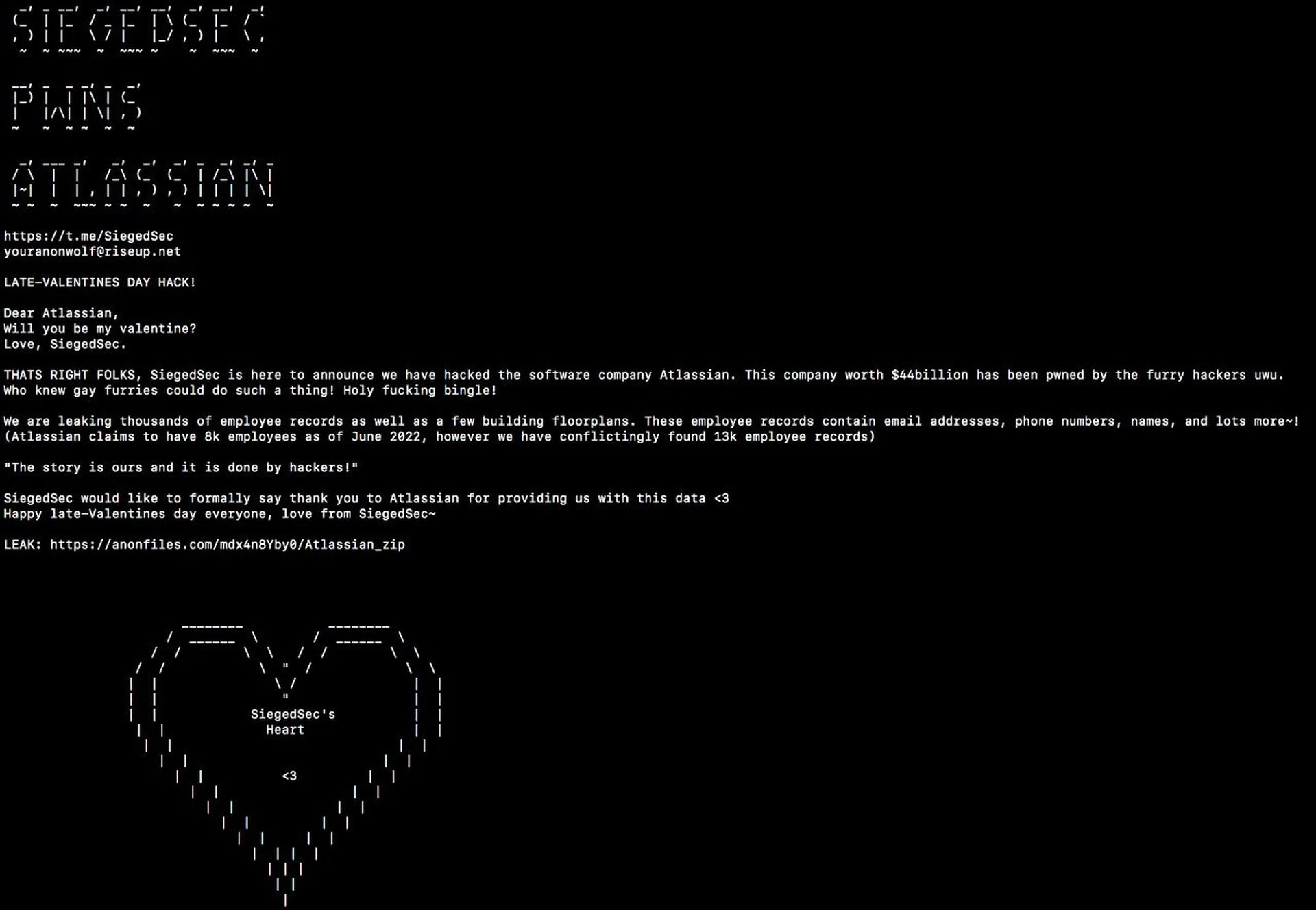SiegedSec 黑客组织自称已侵入 Atlassian 的信息截图。后续调查确定，该数据是通过污染 Atlassian 员工在 Envoy第三方工作场所协作应用上的账户而被盗取的。